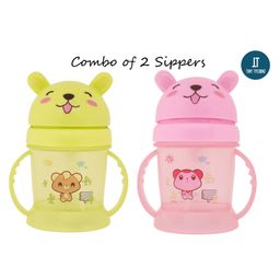 Tiny Tycoonz Cartoon Theme Sipper Cups with Straw and Handle Pack of 2 Green Pink - 300 ml each-75