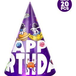 Zyozi Space Theme Birthday Party Hats Happy Birthday Cone Party Hats for Kids Purple - Pack of 20-image-6