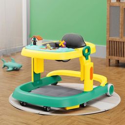 Multi Function Cushioned Seat Adjustable Height Baby Walker with Toy Bar & Music - Yellow & Green-66