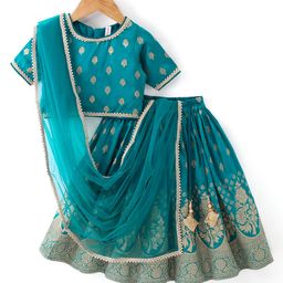 Babyhug Woven Half Sleeves Brocade Pattu Pavda Choli With Lehenga And Dupatta Set - Blue-picture-21