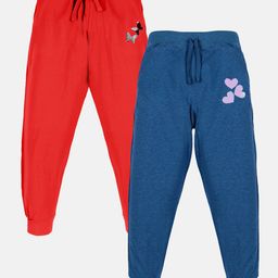 Kiddopanti Pack Of 2 Butterfly & Hearts Printed Track Pants - Red & Blue Melange-picture-36