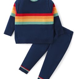 Babyhug Knitted Full Sleeves Striped Baby Sweater Set - Navy Blue-picture-11