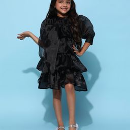 Tales & Stories Puffed Three Fourth Sleeves Shimmered Layered Dress - Black-picture-0