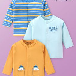 Babyoye 100% Cotton Knit With Eco Jiva Finish Full Sleeves Striped & Text Printed Front Open Vests Pack of 3 - Orange & Blue-image-98