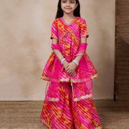 Pspeaches Blended Half Sleeves Leheriya Designed   Kurta  Sharara With Dupatta - Magenta-image-12