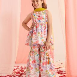 Pspeaches Cotton Sleeveless Floral Printed Regular Kurta With Sharara With Dupatta - Multi-picture-11