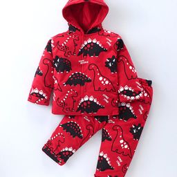 Simply Quilted Cotton Full Sleeves Hooded Winter Wear Co-Ord Padded Suit With Dinosaur Print - Red-image-57