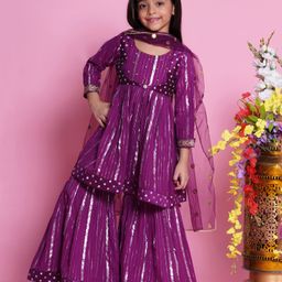 Little Bansi Three Fourth Sleeves Silver Striped Coordinating Kurta Sharara With Dupatta - Purple-image-21
