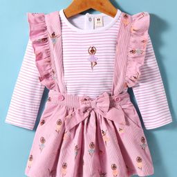 ToffyHouse 100% Cotton Knit Full Sleeves Striped Top & Skirt Set with Ballerina Print & Frill Detailing - Pink-picture-7