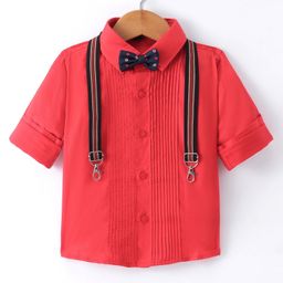 Robo Fry Cotton Woven Full Sleeves Solid Colour Party Shirt with Bow & Suspender - Red-image-16