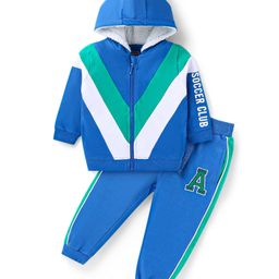Babyhug Terry Knit Full Sleeves Front Open Hooded Cut & Sew Sweatjacket & Lounge Pant Set with Text Print - Blue-image-53