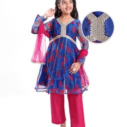 Pine Kids Woven Full Sleeves Floral Printed Kurta Palazzo Set with Dupatta & Lace Detailing - Royal Blue-image-41