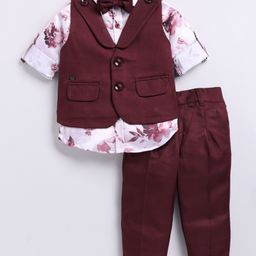 LITTLE COLLARS Full Sleeves FloralPrinted Shirt With Solid Waistcoat Pant & Bow Set - Maroon-image-76