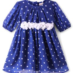 Babyhug Cotton Woven Half Sleeves Frock with Polka Dots Print & Floral Applique - Blue-image-78