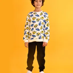 Anthrilo Fleece Full Sleeves Cars Printed Sweatshirt With Joggers Set - White & Black-picture-40