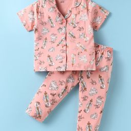 CUCUMBER Sinker Knit Half Sleeves Night Suit with Floral Print - Peach-image-9