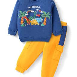 Babyhug Terry Knit Full Sleeves Dino Print T-Shirt & Color Block Lounge Pants -Blue Yellow-78