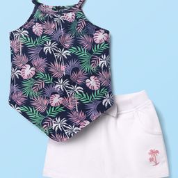 Babyhug Single Jersey Knit Sleeveless Top & Shorts Set with Tropical Theme Print & Bow Applique - White & Navy Blue-image-131