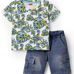 Babyhug Single Jersey Knit Half Sleeves T-Shirt & Denim Shorts Set with Leaves Print - Blue & White-image-54