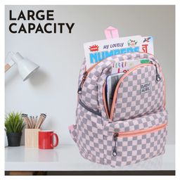 Baby Girl Checkered Backpack for School & TravelStylish Lightweight BagColor Peach- 16.5 Inch-image-123