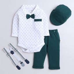 BUMZEE Cotton Knit Full Sleeves Abstract Printed Onesie With Solid Trouser Cap Bow & Suspender Set - Dark Green & White-image-97