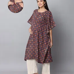 The Mom Store Cotton Three Fourth Sleeves Abstract Printed Maternity Kurta With Nursing Access & Pant Set - Maroon-picture-16
