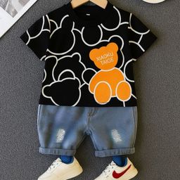 Googo Gaaga Cotton Half Sleeves Teddy Bears Printed Tee & Distressed Shorts Set - Black-picture-18