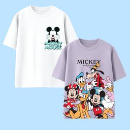 Nap Chief Pure Cotton Mickey & Friends Featuring Pack Of 2 Half Sleeves Characters Printed Oversized Tees - Lavender & White-image-38