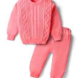 Babyhug Knitted Full Sleeves Sweater Set with Cable Knit Design - Pink-image-74