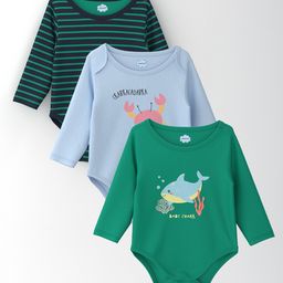 Nautinati Cotton Pack Of 3 Full Sleeves Striped & Sea Life Printed Onesies - Navy & Sky Blue & Green-image-2