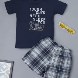 RAINE AND JAINE Cotton Knit Half Sleeves Tough Guys Need Sleep Too Text Printed Tee & Checked Shorts Set - Navy Blue & White-picture-41