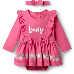 Babyhug 100% Cotton Interlock Knit Full Sleeves Frock Onesie with Floral Print Bow Applique & Headband - Pink-image-56