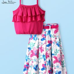 Arias Cotton Knit Sleeveless Ruffle Detailing Top & Button Placket Floral Skirt Set With Belt - Dark Pink-image-42