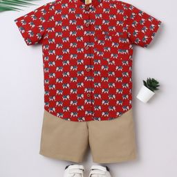 Aww Hunnie 100% Cotton Knit Half Sleeves Baby Elephants Printed Shirt & Shorts Set - Maroon-image-80