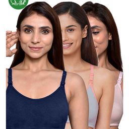 Inner Sense Organic Cotton Knit Pack Of 3 Solid Antimicrobial Maternity Bras With Nursing Access - Multi Colour-picture-10