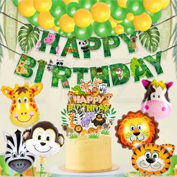 Zyozi Jungle Safari Birthday Decorations Banner, CupCake - Cake Topper, Balloons & Foil Balloons Green -Set Of 47-picture-5