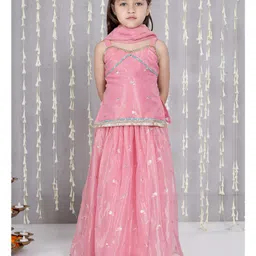 KID1 Net Woven Sleeveless Floral Embroidered & Gota Lace Embellished Kurti Lehenga With Dupatta Set - Pink-picture-36