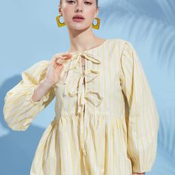 Murcia Striped Puff Sleeve Cotton Tie-up Peplum Top-image-57