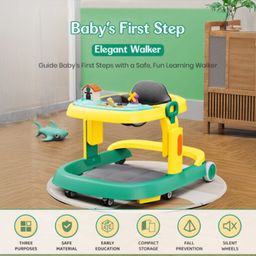 fab n funky Multi Function Cushioned Seat Adjustable Height Baby Walker with Toy Bar & Music - Yellow & Green image 2