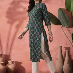 Sangria Green Floral Printed Mandarin Collar Pure Cotton Straight Kurta-image-9