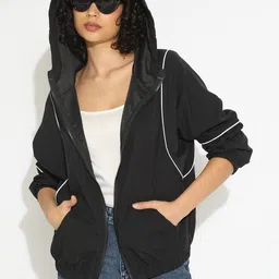 SHOWOFF Women Black Hooded Long Sleeves Oversized Bomber Jacket-picture-27