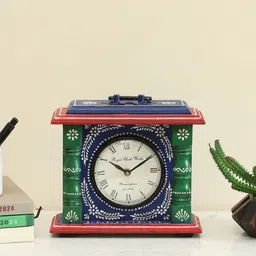 vedas Mystical Indian Blue & Green Printed Eiko Silent Non Ticking Small Clock Showpiece-10