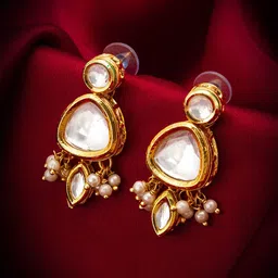 Anouk Gold Plated Kundan Studded & Pearls Beaded Contemporary Drop Earrings-16