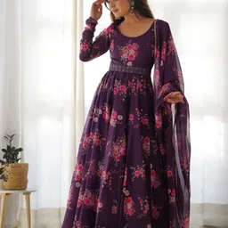 Femvy Women Floral Printed Fit & Flare Maxi Ethnic Dresses-image-53