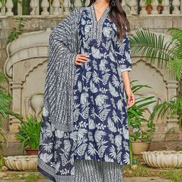 MITTOO Women Floral Printed Cotton Kurta with Palazzos & Dupatta-image-67