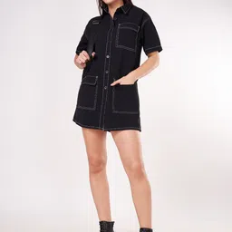 People Shirt Collar Cotton Shirt Dress-image-28