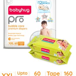 Babyhug Pro Bubble care premium Tape Style Diaper XX Large - 60 Pieces & Babyhug Premium 98% Water Baby Wet Wipes - 80 Pieces -(Pack of 2)-image-58