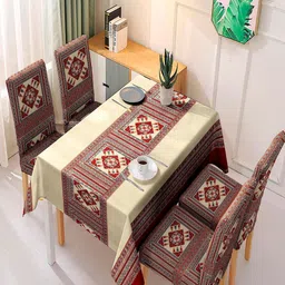 HOKIPO Maroon & Beige 5 Pieces Printed Dining Chair Cover With Matching Tablecloth-23