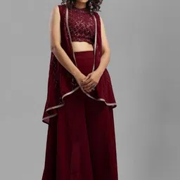 PARROT CREATION Floral Embroidered Crop Top And Shrug With Palazzos-image-87