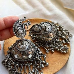 OPUS GEMS German Silver Artificial Stones Studded Dome Shaped Oxidised Jhumkas-image-17